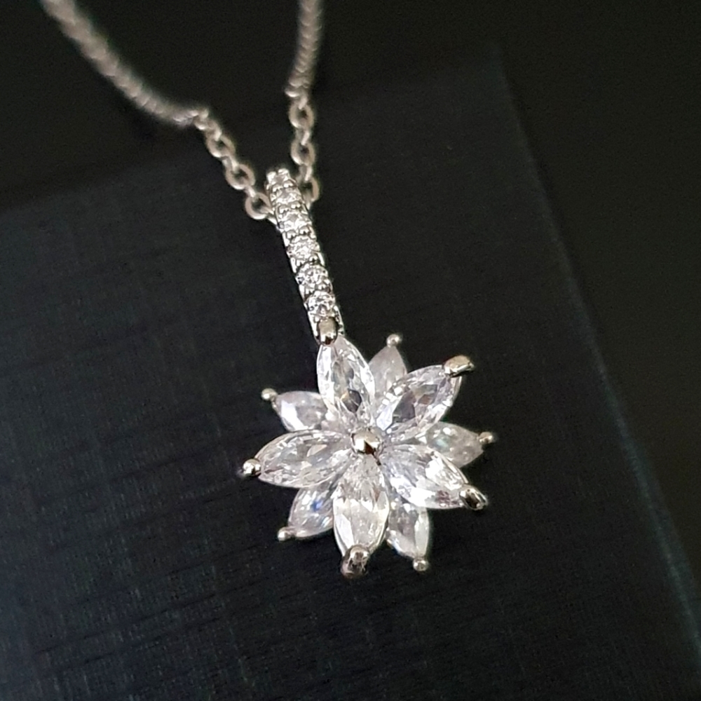Romantic Silver Flower Diamond Necklace - Picture 2 of 3